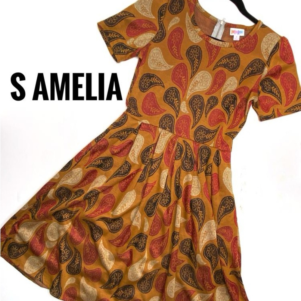 LuLaRoe Amelia Dress in Gold and Brown Paisley